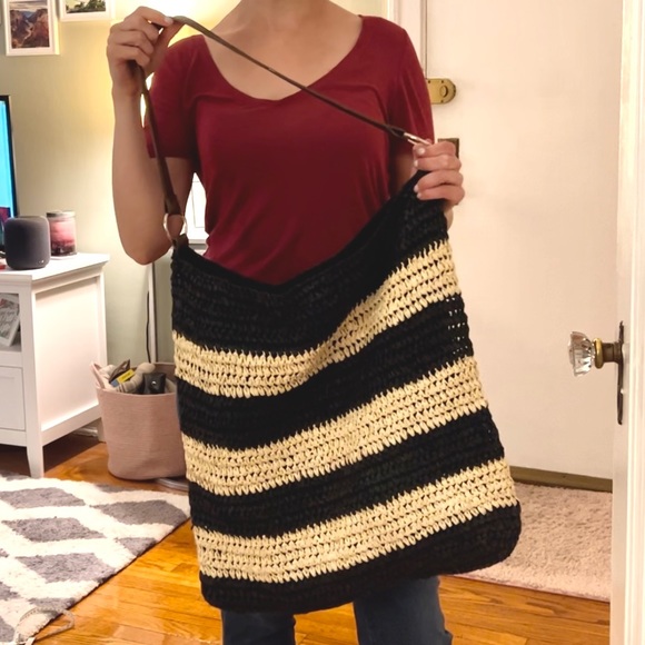 Oversized slouchy navy blue and khaki striped bag - Picture 3 of 14